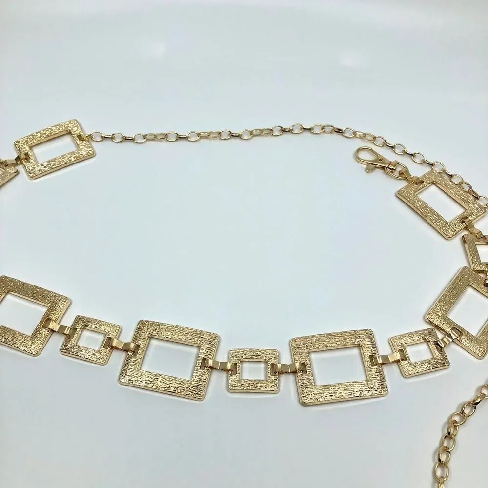 Y2K Geometric Gold Textured Square Link Chain Belt, Up to 44 Inches, X7GA1140